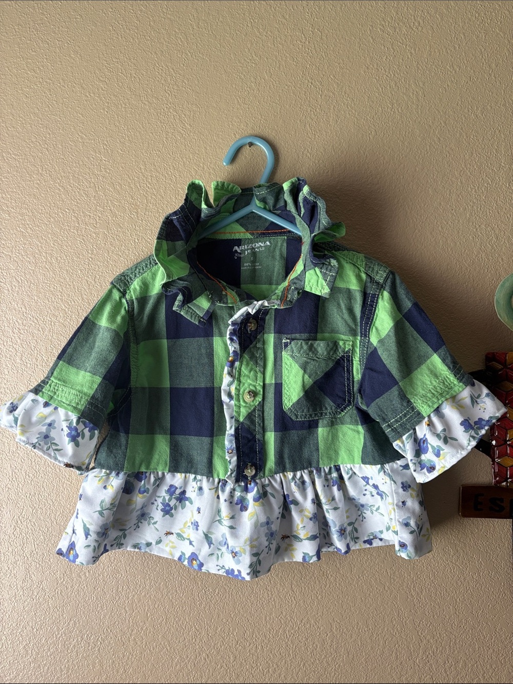 Arizona Jean Company Green and Navy Plaid Ruffle Shirt